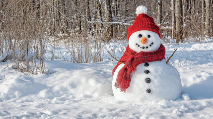 Obraz premium Panoramic view of happy snowman in winter secenery with copy space