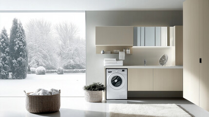 Modern Minimalist Laundry Room &ndash; Clean Design with Natural Light and Cozy Elements. Generative AI.