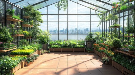 Obraz premium A Modern Greenhouse with Cityscape View