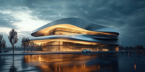 A modern architectural building with flowing lines, illuminated against a moody sky.