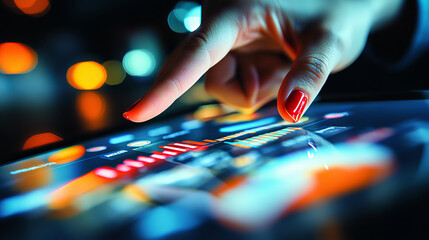 A close up of hand with red nails interacting with touchscreen displaying colorful data visualizations. vibrant colors and blurred background create dynamic and modern atmosphere