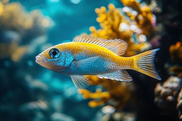 Obraz premium Yellow and Blue Fish Swimming Near Coral