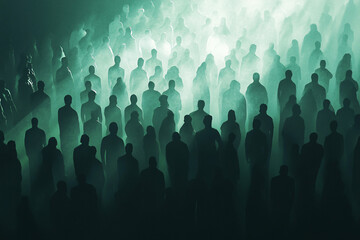 Obraz premium Silhouetted figures standing in dense green mist, evoking a mysterious and surreal atmosphere with a sense of collective presence 