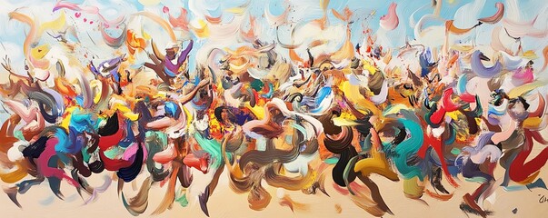 Panoramic view of colorful festive celebrations, amid swirling abstract art, vibrant hues blending together, creating a lively atmosphere, digital painting with fluid brushstrokes