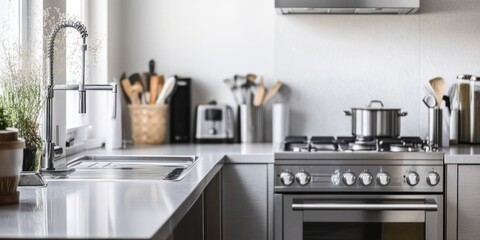 Modern kitchen featuring stainless steel appliances and organized utensils.