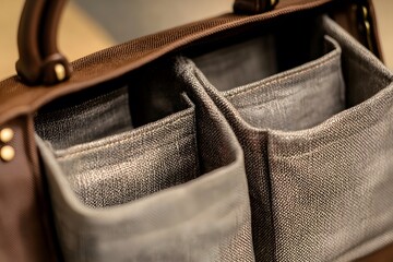 Close-up of a brown bag interior with compartments for organization.