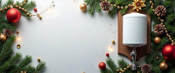 Water heater with fir branches, ornaments, and lights for a cozy Christmas feel