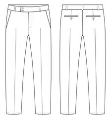  Men's formal trouser vector pant front and back view flat sketch fashion illustration, Vector technical sketch. Mockup template.