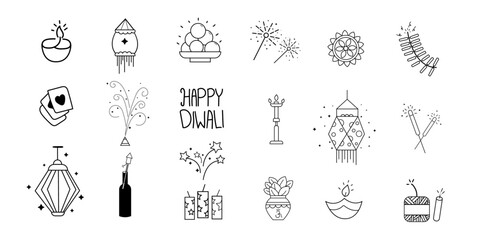 Diwali Festival of light drawing set,Hand Drawn Diwali related Scribble,Happy joyous occasion related item pack,Vector set for printing flat icon collection. 