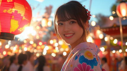 Fototapeta premium 祭りを取材する日本人リポーター