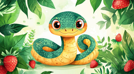 Fototapeta premium Cute snake and strawberry, Chinese New Year