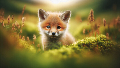 Obraz premium A cute fox cub sits amidst greenery, its curious eyes watching attentively in a tranquil meadow