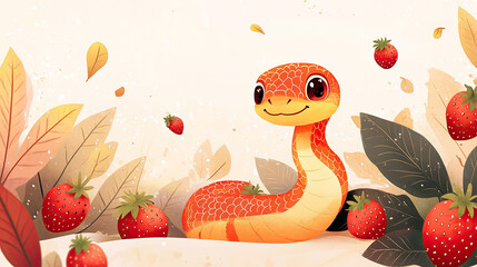 Obraz premium Cute snake and strawberry, Chinese New Year