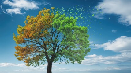 Multicolored tree with foliage changing colors through the seasons symbolizing the cyclical nature of growth transformation and the beauty of the natural world
