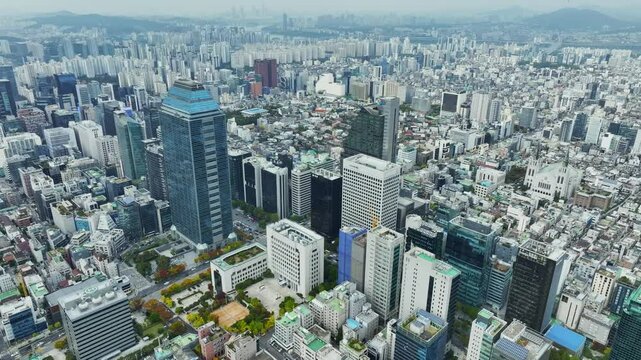 Drone View of Seoul city in South Korea, Gangnam financial district, Autumn 60fps