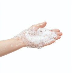 Fototapeta premium Close-up of a hand lathered with soap bubbles on a white background, emphasizing hygiene and cleanliness in daily routines.