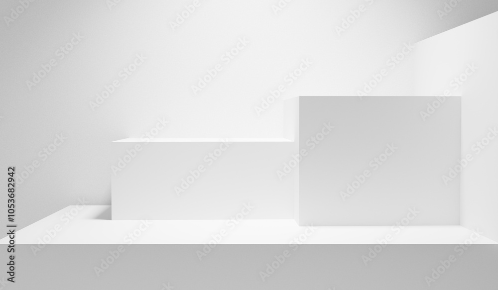 Fototapete White table. White background. White abstract empty forms. Blank white wall with copy space table - mock up for design and product placement