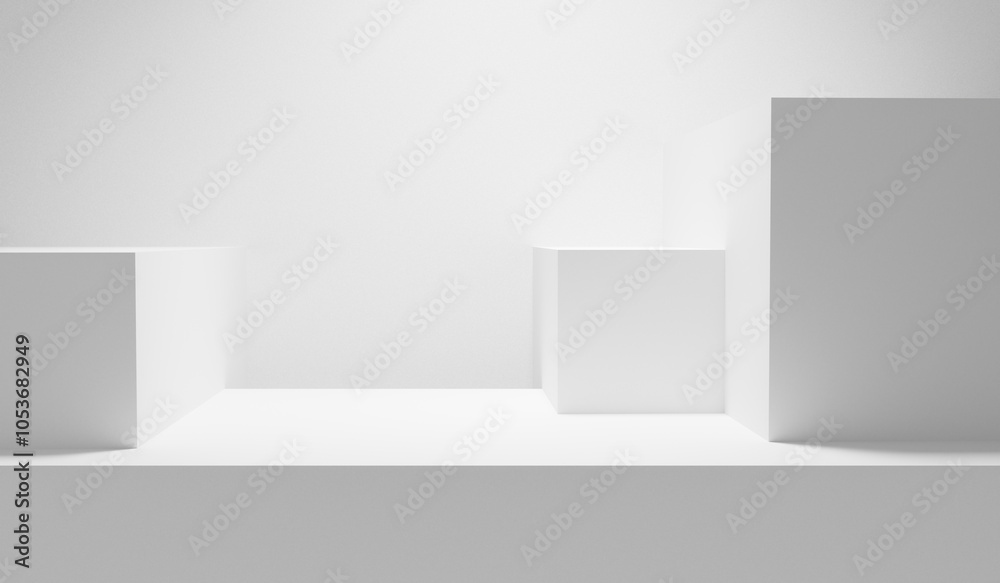 Aufkleber White table. White background. White abstract empty forms. Blank white wall with copy space table - mock up for design and product placement with spotlight illuminated