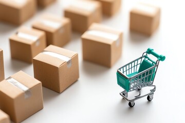 Miniature shopping cart with multiple cardboard boxes, representing e-commerce and logistics on a white background.