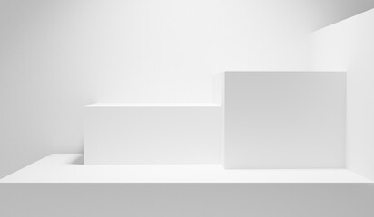 White table. White background. White abstract empty forms. Blank white wall with copy space table - mock up for design and product placement