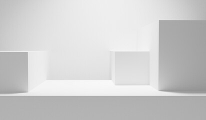 White table. White background. White abstract empty forms. Blank white wall with copy space table - mock up for design and product placement with spotlight illuminated