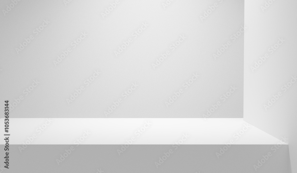Aufkleber White table empty background. White illuminated table with spotlight and empty white wall copy space. White mock up podium stage platform - place for design and products.