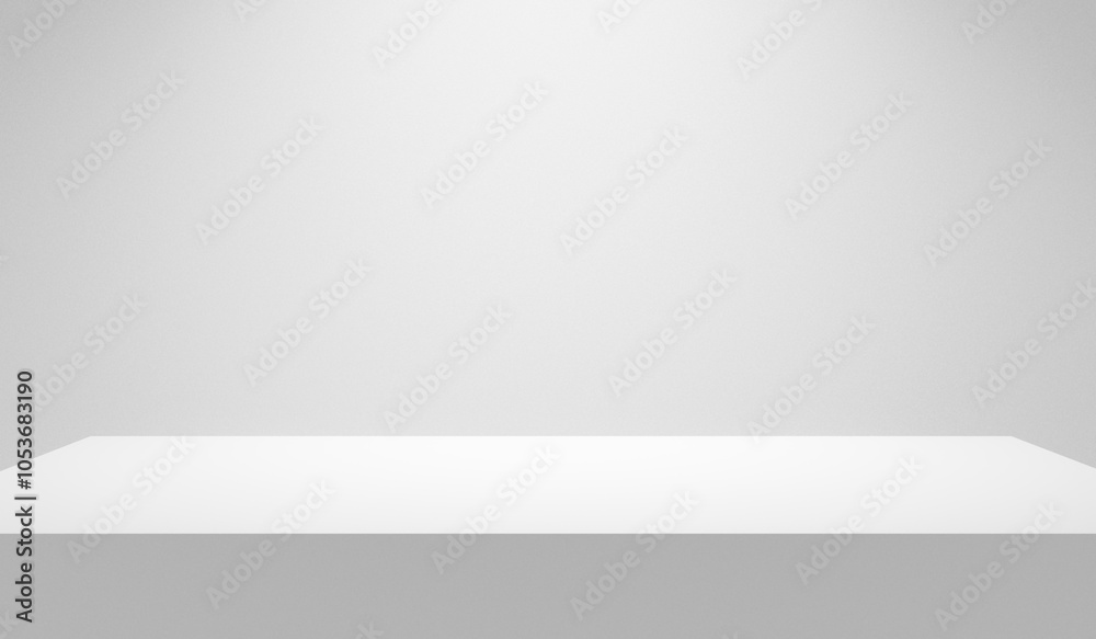 Aufkleber White table empty background. White illuminated table with spotlight and empty white wall copy space. White mock up podium stage platform - place for design and products.