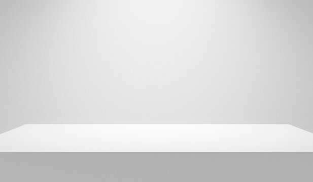 White table empty background. White illuminated table with spotlight and empty white wall copy space. White mock up podium stage platform - place for design and products.