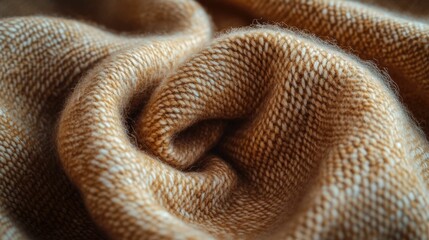 Fototapeta premium Close up image of a soft warm and textured neutral toned wool scarf with a cozy and inviting material composition highlighting the knitted pattern and plush fuzzy surface under soft natural lighting