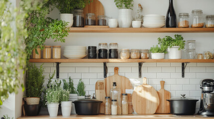 A beautifully organized kitchen shelf featuring various jars, plates, and plants, creating fresh and inviting atmosphere. wooden shelves are adorned with greenery, enhancing aesthetic appeal