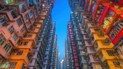 Obraz premium A low angle view of colorful apartment buildings in Hong Kong, with a bright blue sky in the background.