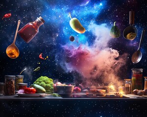 Naklejka premium A magical culinary scene with spices, herbs, and vegetables floating in a starry sky, creating a sense of wonder and deliciousness.