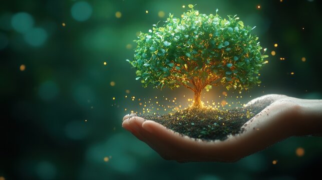 A Glowing Tree Sprouting from a Handful of Soil