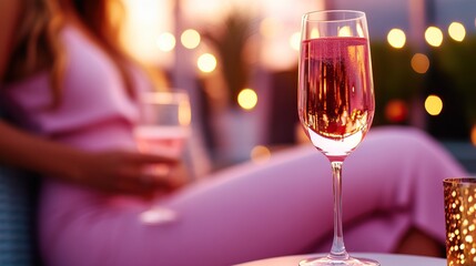 Obraz premium A beautiful glass of pink champagne sits elegantly on a table, with a stylish woman in a pink outfit enjoying the ambiance of soft lighting in a relaxed setting.