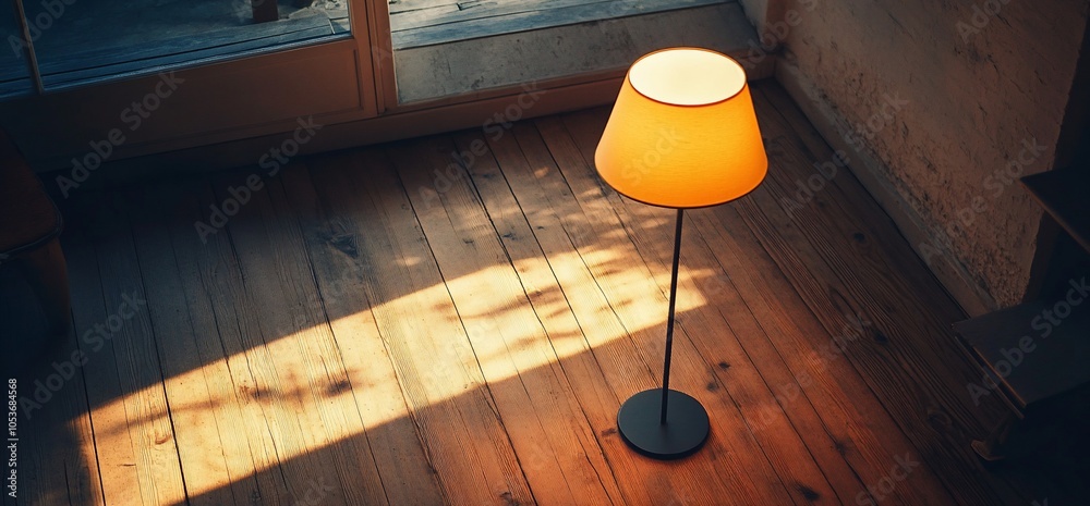 Poster a standing lamp with a yellow lampshade casts a soft glow on a wooden floor, with sunbeams streaming