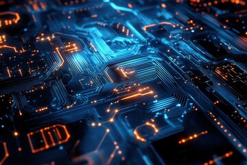 Obraz premium Close-up of a detailed circuit board design illuminated in blue and orange light at night