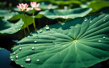 Fototapeta premium Closeup on lotus leaf with water droplets