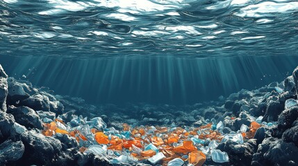 Underwater Sunbeams Illuminating Plastic Pollution on Ocean Floor