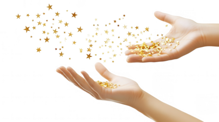 Pair of Hands Catching Golden Falling Stars for New Year Celebration, PNG File, Transparent Background