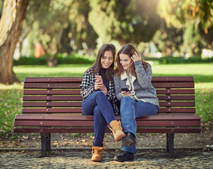 Friends, happy and women in park with phone for social media, internet and online chatting outdoors. Nature, smile and people on smartphone for dating website on weekend, holiday and relax on bench