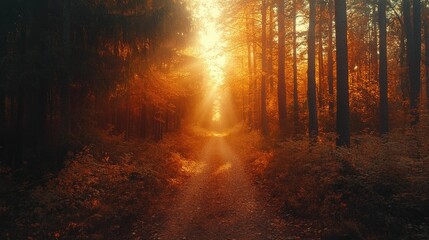 Naklejka premium Enchanting Autumn Forest Path Bathed in Golden Sunlight and Natural Beauty A winding dirt trail leads through a lush vibrant forest landscape with warm glowing tones and a serene tranquil atmosphere