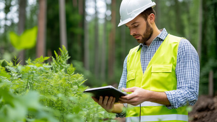 Fototapeta premium A natural energy engineer examines biomass resources in a lush forested area