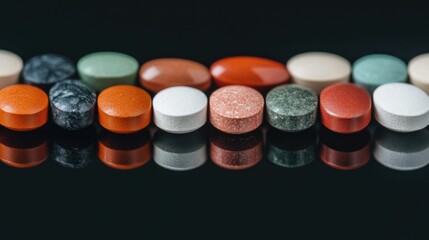Assortment of Various Pharmaceutical Tablets Capsules and Medicaments Placed on a Reflective Glass Surface with Depth of Field Blurring the Background  Concept of Healthcare
