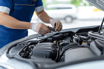 Obraz premium A mechanic expertly servicing a truck engine in a busy workshop