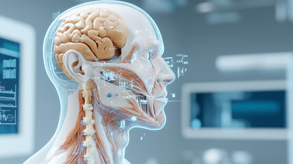 Dynamic digital graphic highlighting human head and brain anatomy