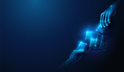 Abstract illustration of two low poly hands put missing cubes to construction. Blue geometric background depicting problem solving, synergy partnership and teamwork concept by wireframe mesh