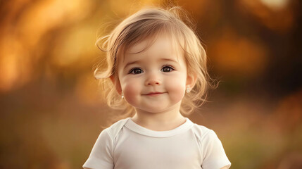 Fototapeta premium Adorable 1-Year-Old Girl in White T-Shirt Smiling Outdoors in Autumn