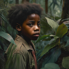 Boy lost in a jungle, colors faded