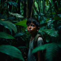 Boy lost in a jungle, colors faded