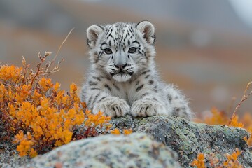 Obraz premium A Snow Leopard Cub Resting on a Rocky Outcrop